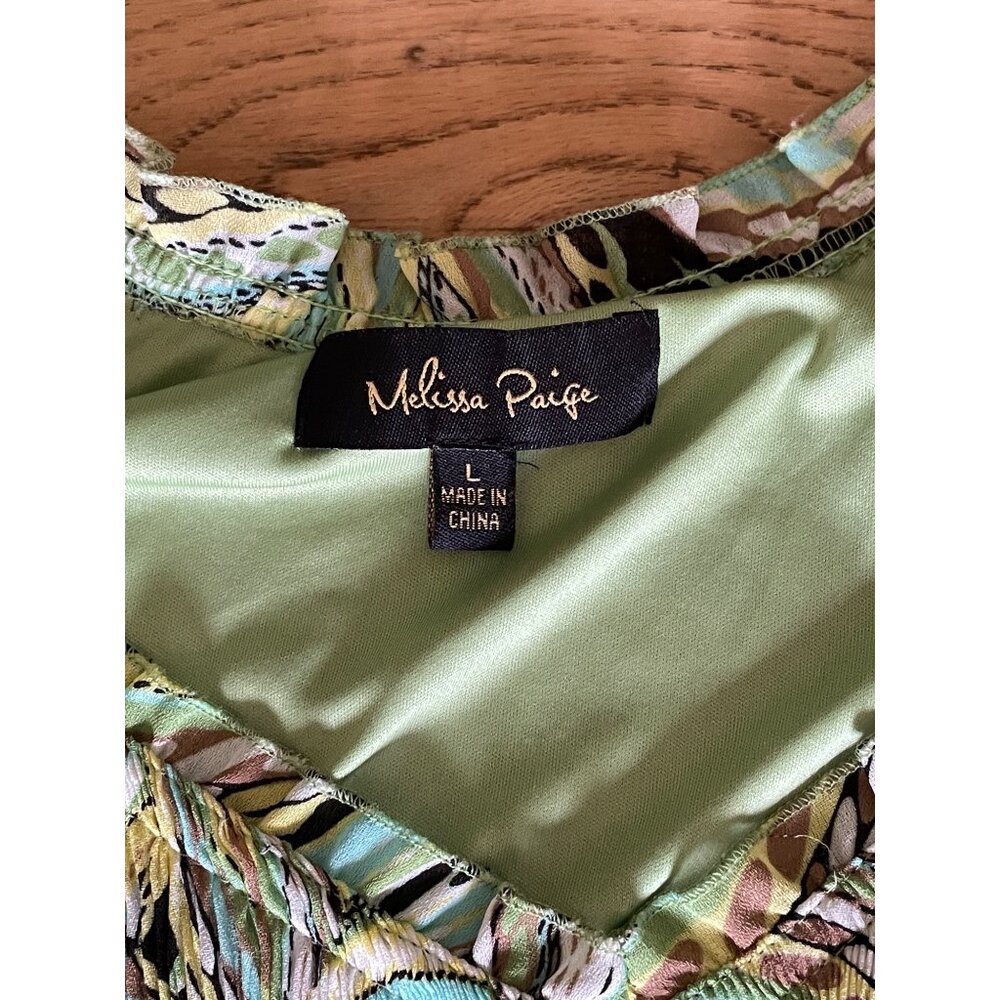 Melissa Paige Smocked Puff Sleeve Dress Womens L Green Print Lined Flowy - Picture 5 of 8